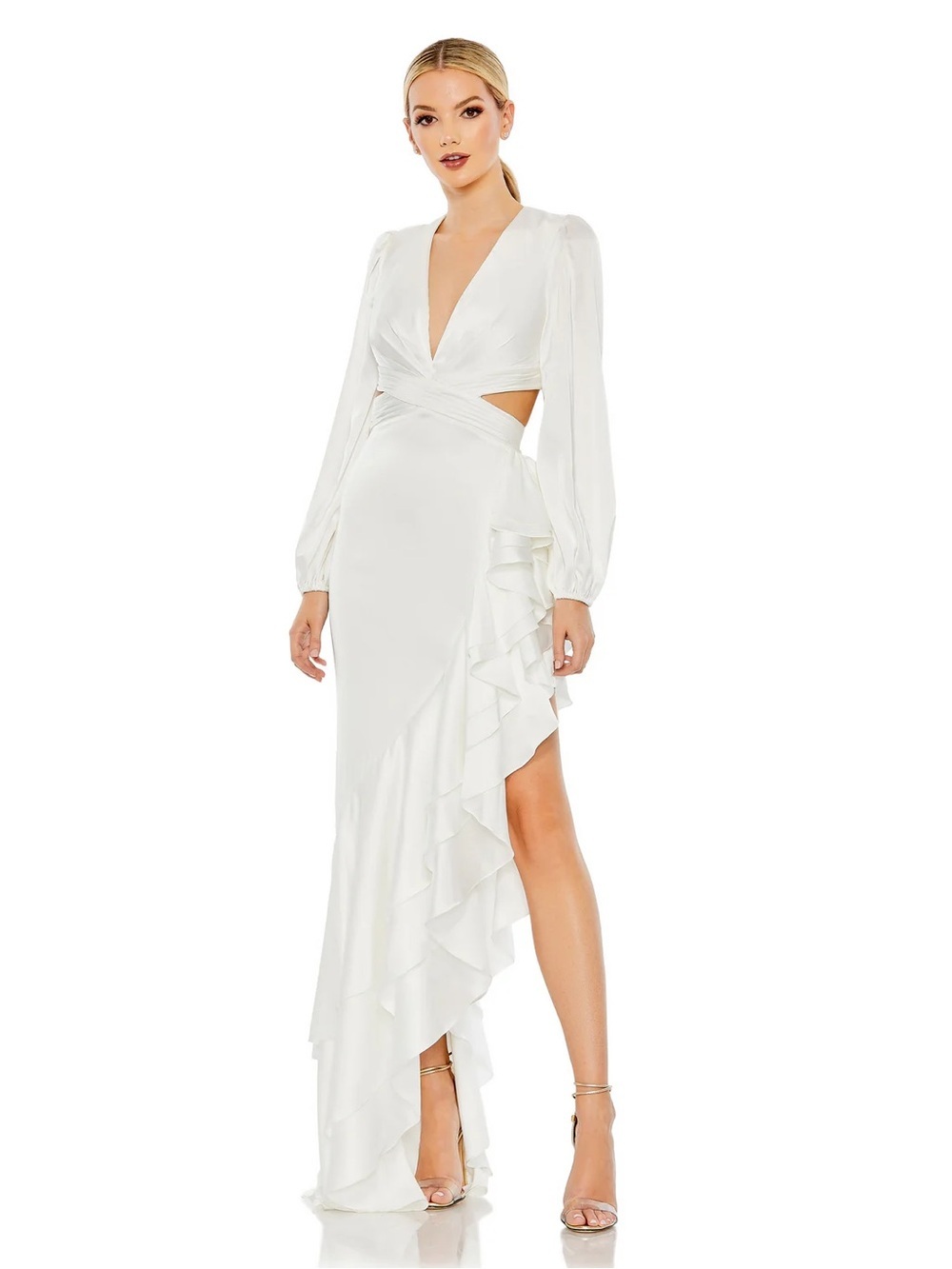 NWT Mac Duggal 49524 White Cut Out Asymmetrical Ruffled Gown Dress Size 0